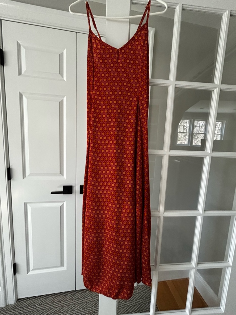 Red Geometric Maxi Slip Dress with Spaghetti Straps